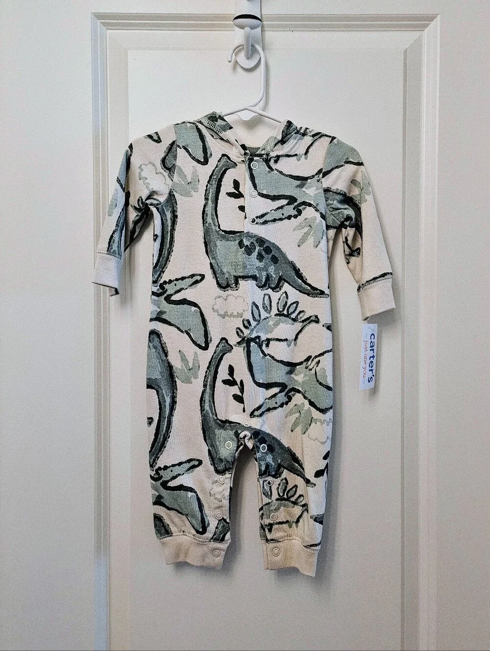 NEW Carter's Cream and Green Dinosaur Hooded One-Piece 6m